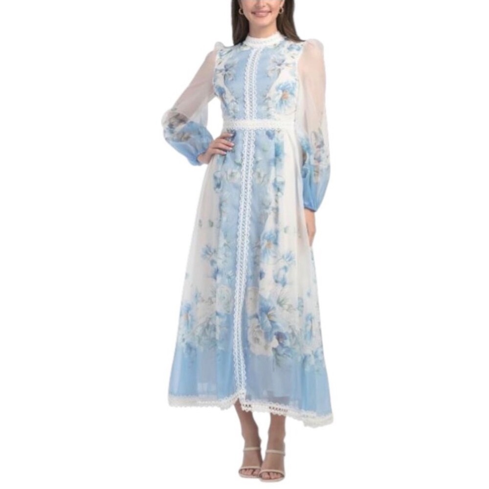 Dalia MacPhee Floral Lace Trim Long Sleeve Maxi Dress Mock Neck Tea Party NWT